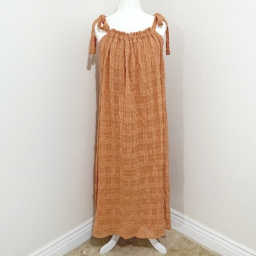 By Together Maxi Sun Dress Tie Shoulder Straps Terracotta Crinkle Fabric Size S